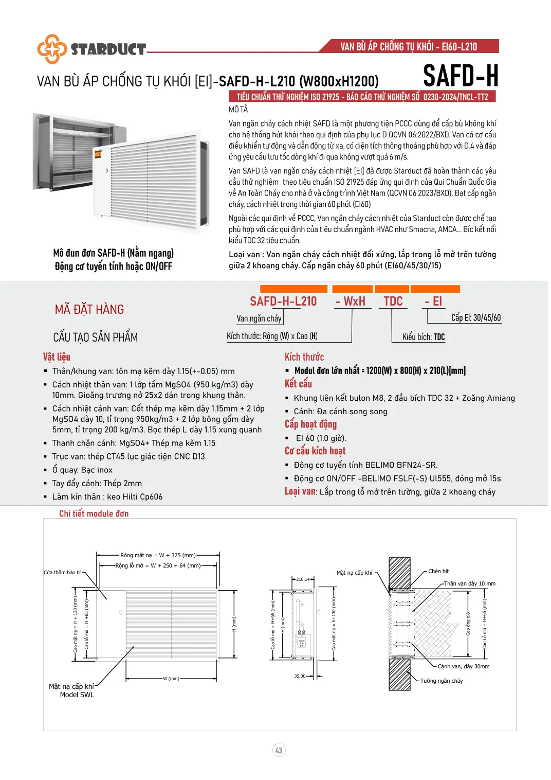 Van bù áp chống tụ khói STARDUCT – SAFD-H-L210
