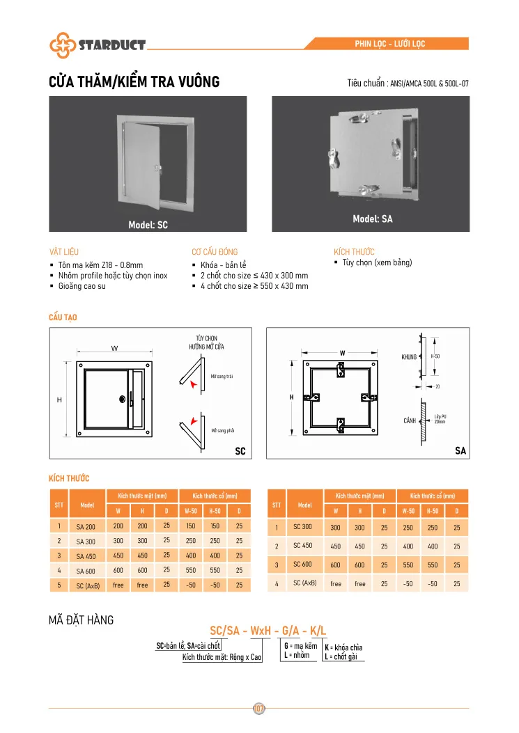 Cửa thăm kiểm tra vuông STARDUCT – SC/SA