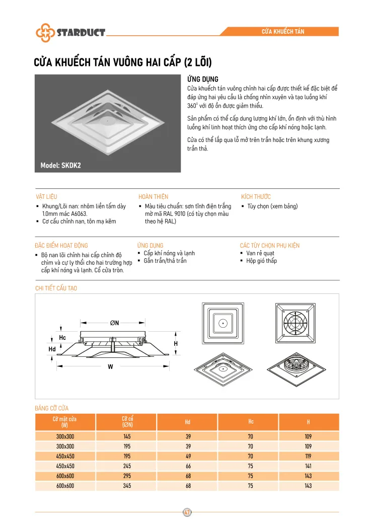 Cửa khuếch tán vuông hai cấp 2 lõi STARDUCT - SKDK2