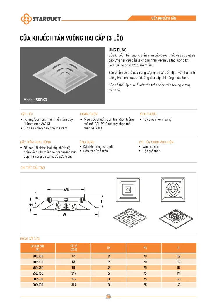 Cửa khuếch tán vuông hai cấp 3 lõi STARDUCT - SKDK3