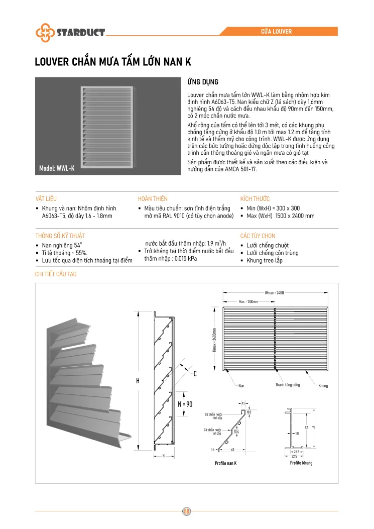 Louver chắn mưa tấm lớn nan K STARDUCT – WVL-K